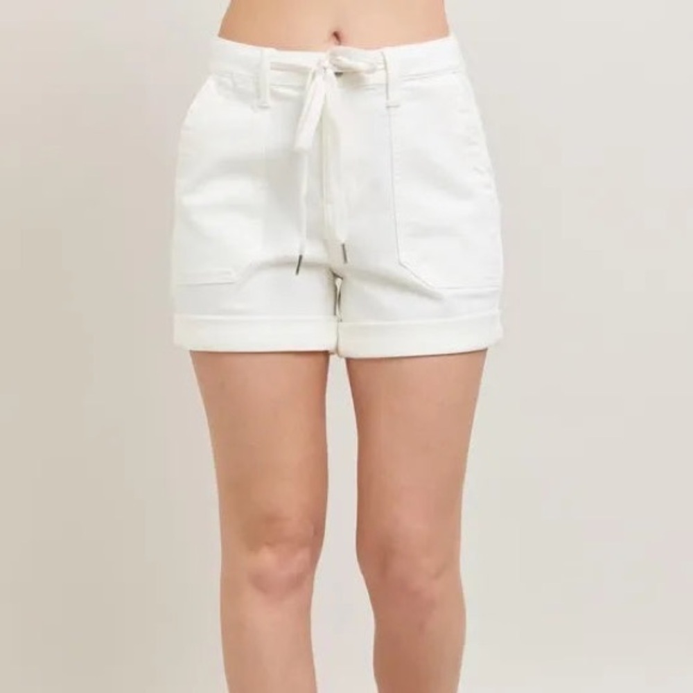 Judy Blue White Cargo Denim Shorts High Waist Cuff Relaxed Fit Small